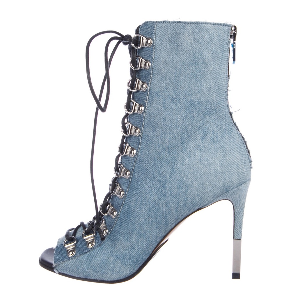 BALMAIN denim and leather lace up  booties pumps shoes FR 37 US 6  new